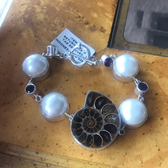 Natural Ammonite Mabe Pearl Amethyst Sterling Silver Toggle Bracelet - Picture 1 of 9
